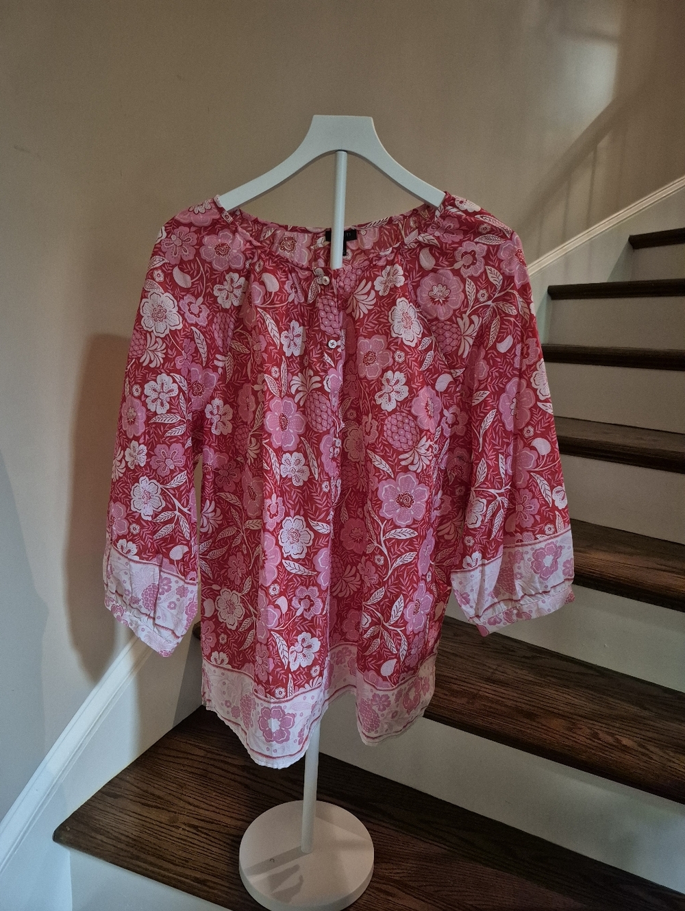 Talbots Pink & Light Pink Floral Split-Neck Blouse